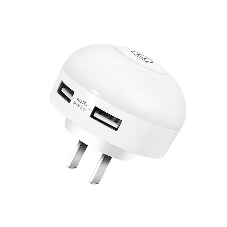 USAMS US-JD060 2.4A Two USB Ports Wall Charger with LED Night Light for Apple Samsung HTC etc. - US Standard Plug-5