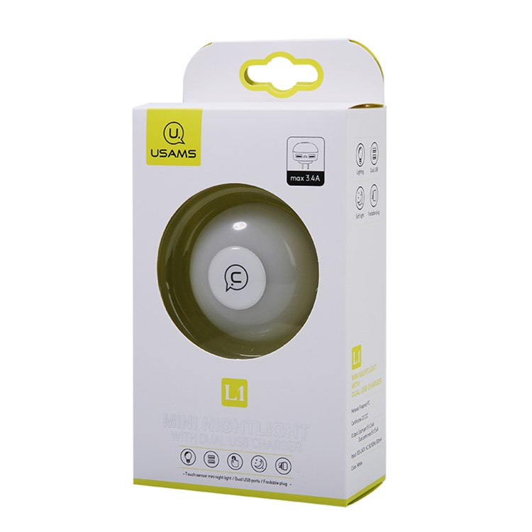 USAMS US-JD060 2.4A Two USB Ports Wall Charger with LED Night Light for Apple Samsung HTC etc. - US Standard Plug-9
