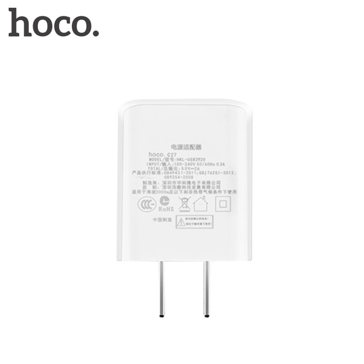 HOCO C27 5V 2A Single USB Port Wall Charger Travel Adapter for iPhone Samsung Huawei - White / CN Plug-5
