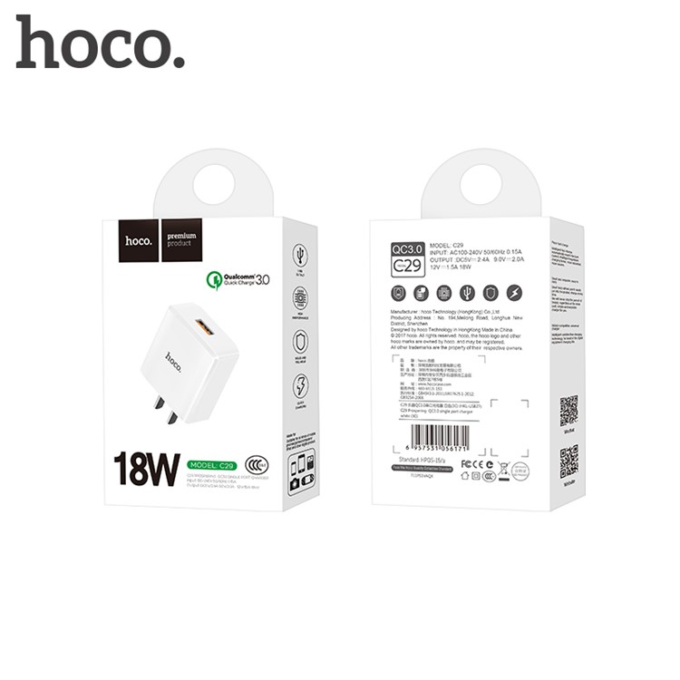 HOCO C29 Quick Charge QC3.0 Single USB Port Wall Travel Charger for LG G6 Etc. - White / CN Plug-9