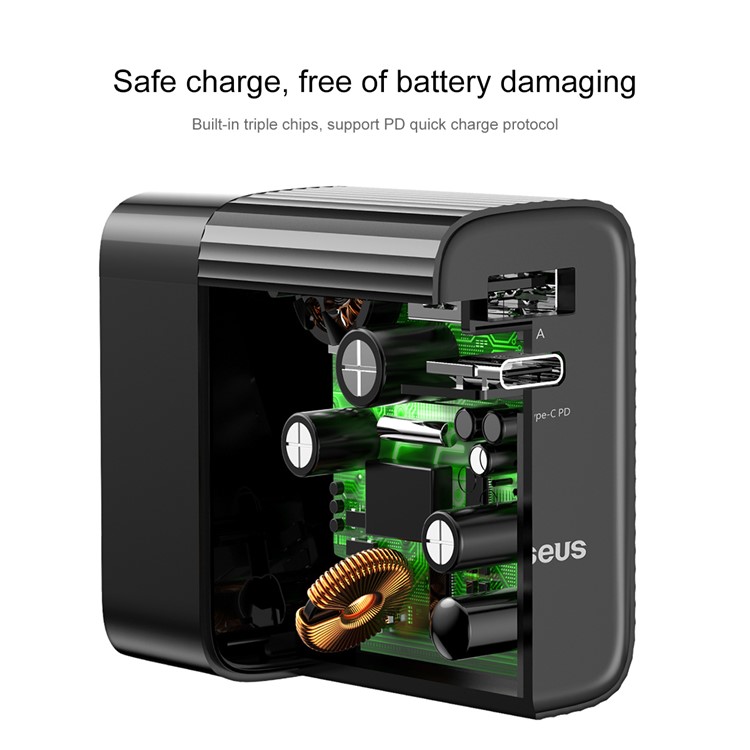 BASEUS 30W 5V/1A USB Port + Type-C PD3.0 Quick Charge Wall Charger for MacBook Pro etc. - Black / CN Plug-2