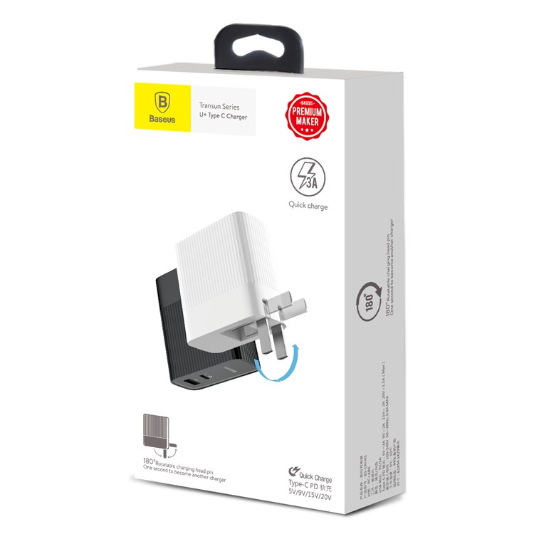 BASEUS 30W 5V/1A USB Port + Type-C PD3.0 Quick Charge Wall Charger for MacBook Pro etc. - Black / CN Plug-8