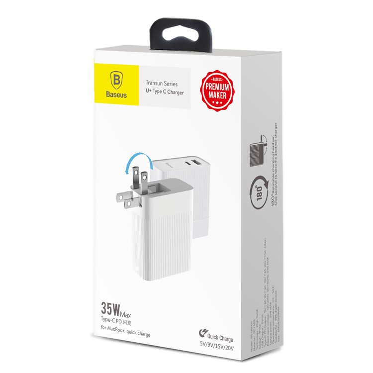 BASEUS 35W 5V/1A USB Port + Type-C PD3.0 Quick Charge Wall Charger for MacBook Pro etc. - White / US Plug-8
