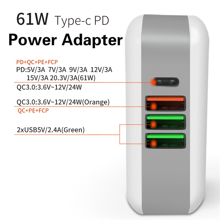 61W Multi-port Quick Charge 3.0 PD Type C Power Delivery Travel Charger - US Plug-6