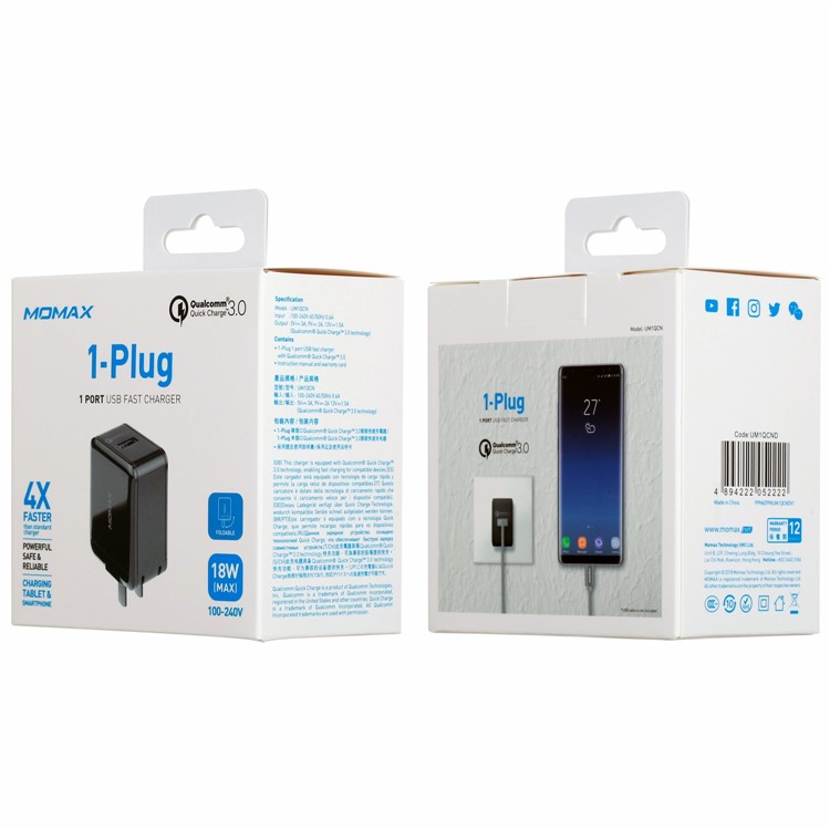 MOMAX 18W Quick Charge QC 3.0 USB Wall Travel Charger for iPhone Samsung Huawei - Black-11
