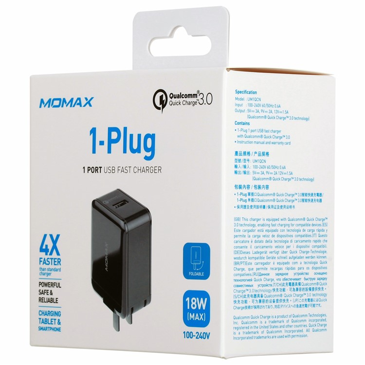 MOMAX 18W Quick Charge QC 3.0 USB Wall Travel Charger for iPhone Samsung Huawei - Black-12