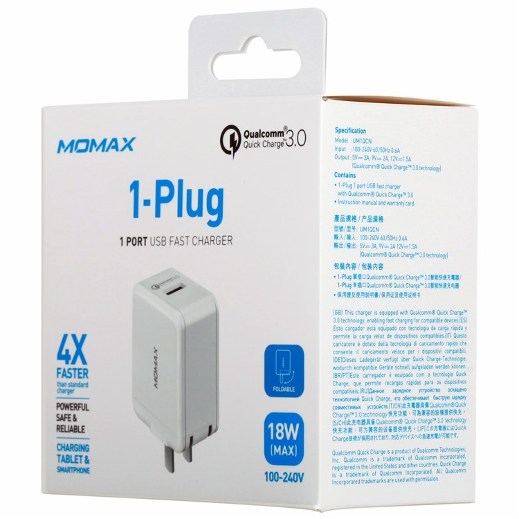 MOMAX USB Charger Quick Charge 3.0 18W Rapid Wall Charger Adapter for iPhone Samsung Huawei - White-11