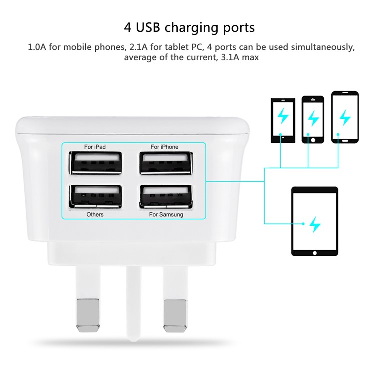 HAWEEL HWL-3091W UK Plug Travel Wall Charger with Four Ports USB Hub - White / UK Plug-3