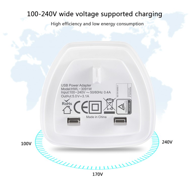 HAWEEL HWL-3091W UK Plug Travel Wall Charger with Four Ports USB Hub - White / UK Plug-4