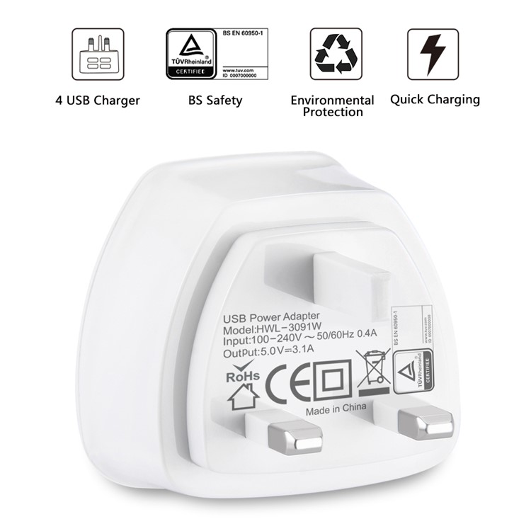 HAWEEL HWL-3091W UK Plug Travel Wall Charger with Four Ports USB Hub - White / UK Plug-8