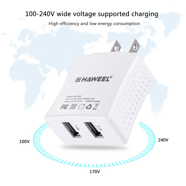 HAWEEL HWL-3002 2.1A+1A Dual USB Travel Wall Charger (CE/RoHS Certificate) - US Plug-4