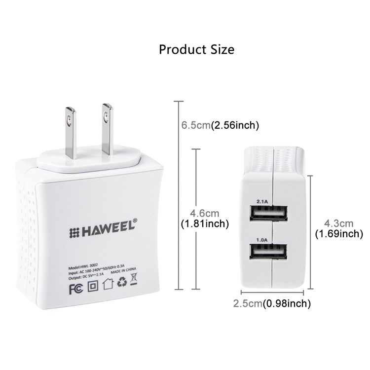 HAWEEL HWL-3002 2.1A+1A Dual USB Travel Wall Charger (CE/RoHS Certificate) - US Plug-5