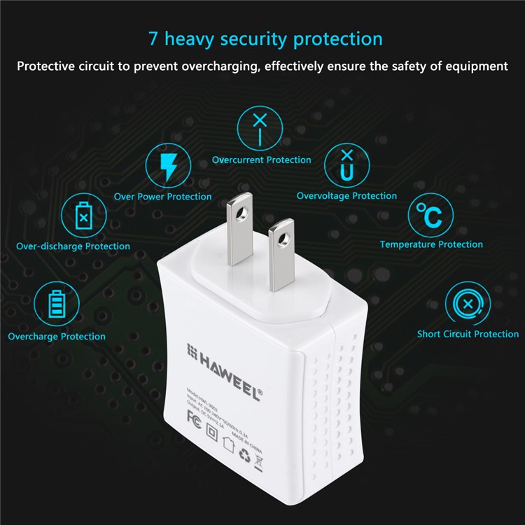 HAWEEL HWL-3002 2.1A+1A Dual USB Travel Wall Charger (CE/RoHS Certificate) - US Plug-7