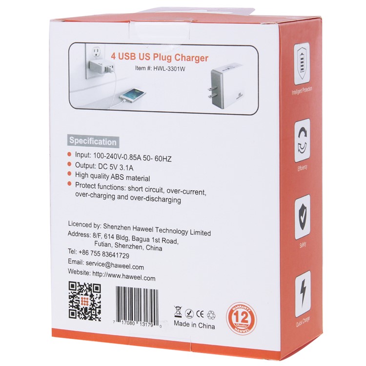 HAWEEL HWL-3300W 3.1A 4-Port USB Travel Wall Charger Adapter (CE/RoHS Certificate) - US Plug-9