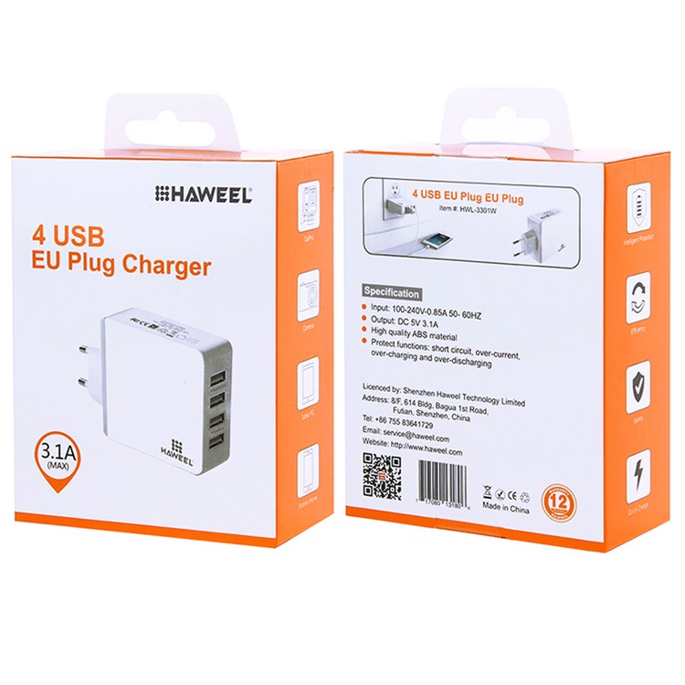 HAWEEL HWL-3301W 4 USB Ports 3.1A Travel Wall Charger Adapter (CE/RoHS Certificate) - EU Plug-5
