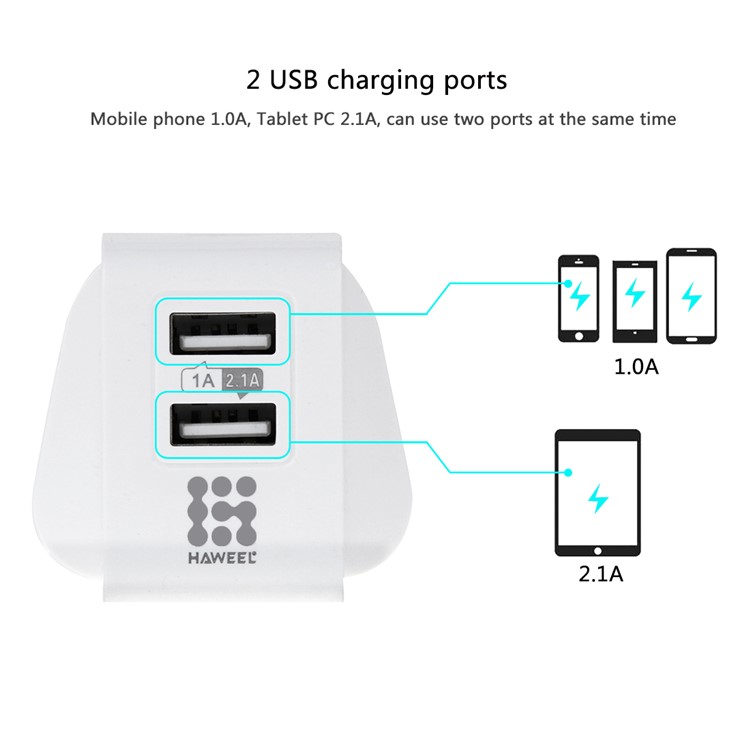 HAWEEL HWL-3308W 2.1A+1A Double USB Travel Wall Charger (CE/RoHS Certificate) - UK Plug-3