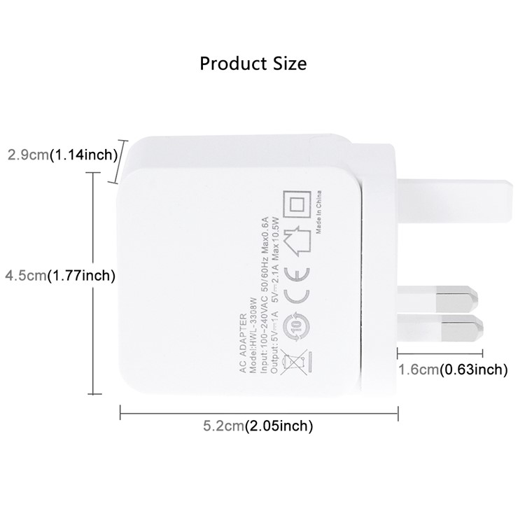 HAWEEL HWL-3308W 2.1A+1A Double USB Travel Wall Charger (CE/RoHS Certificate) - UK Plug-5