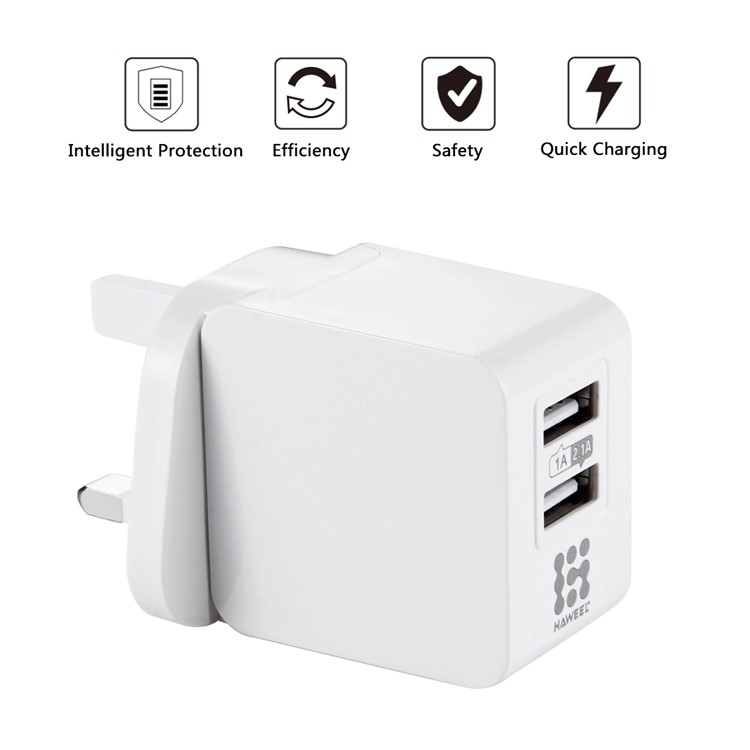 HAWEEL HWL-3308W 2.1A+1A Double USB Travel Wall Charger (CE/RoHS Certificate) - UK Plug-6