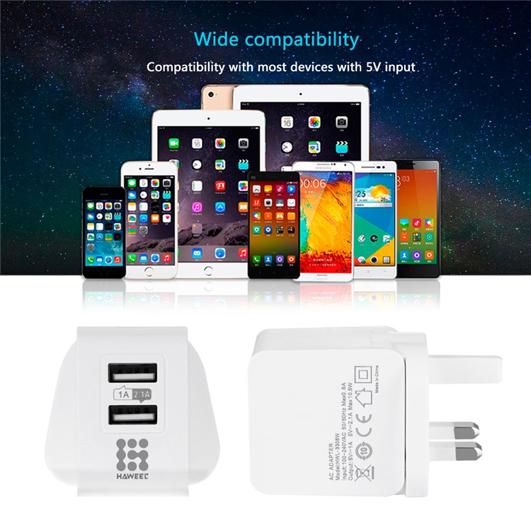 HAWEEL HWL-3308W 2.1A+1A Double USB Travel Wall Charger (CE/RoHS Certificate) - UK Plug-8