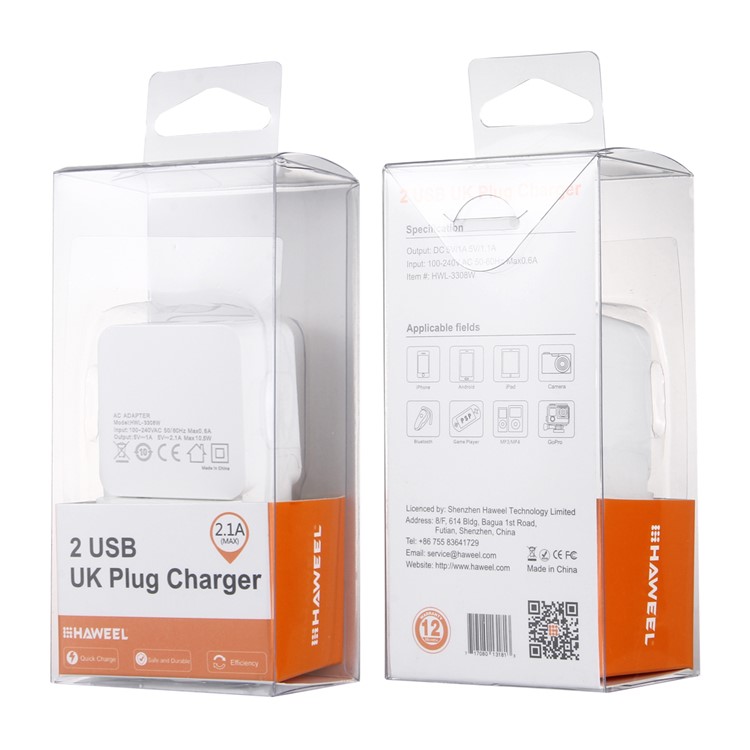HAWEEL HWL-3308W 2.1A+1A Double USB Travel Wall Charger (CE/RoHS Certificate) - UK Plug-9