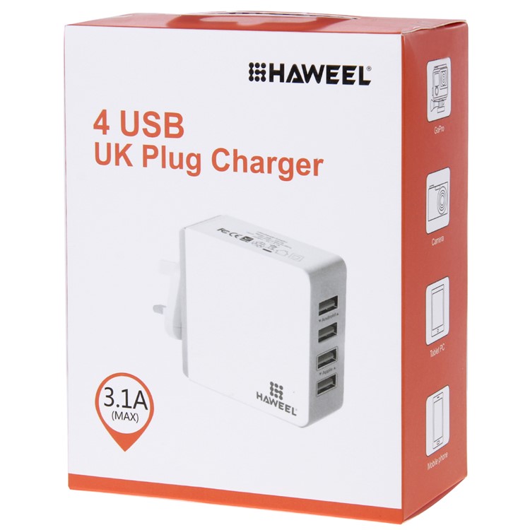HAWEEL HWL-3302W 3.1A 4 USB Ports Travel Wall Charger (CE/RoHS Certificate) - UK Plug-5