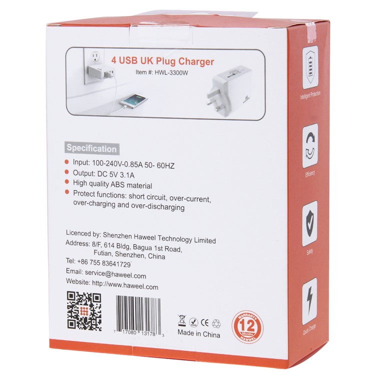 HAWEEL HWL-3302W 3.1A 4 USB Ports Travel Wall Charger (CE/RoHS Certificate) - UK Plug-6