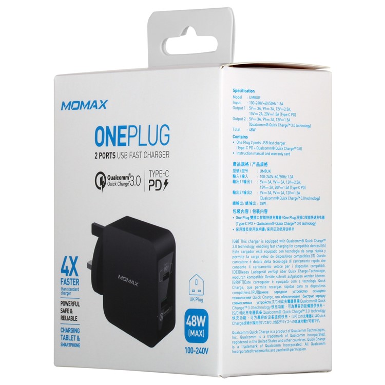 MOMAX 48W PD Type-C + Quick Charge 3.0 USB Port Wall Charger - UK Plug / Black-10