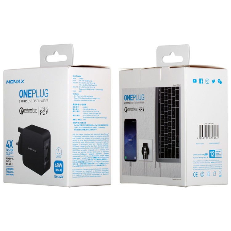 MOMAX 48W PD Type-C + Quick Charge 3.0 USB Port Wall Charger - UK Plug / Black-11