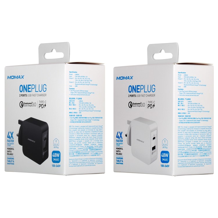 MOMAX 48W PD Type-C + Quick Charge 3.0 USB Port Wall Charger - UK Plug / Black-9