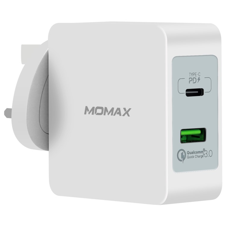 MOMAX Portable 48W PD Type-C + Quick Charge 3.0 USB Port Travel Wall Charger - UK Plug / White-1