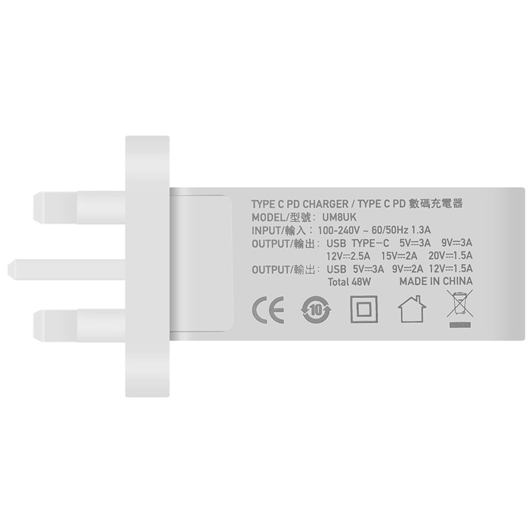 MOMAX Portable 48W PD Type-C + Quick Charge 3.0 USB Port Travel Wall Charger - UK Plug / White-4