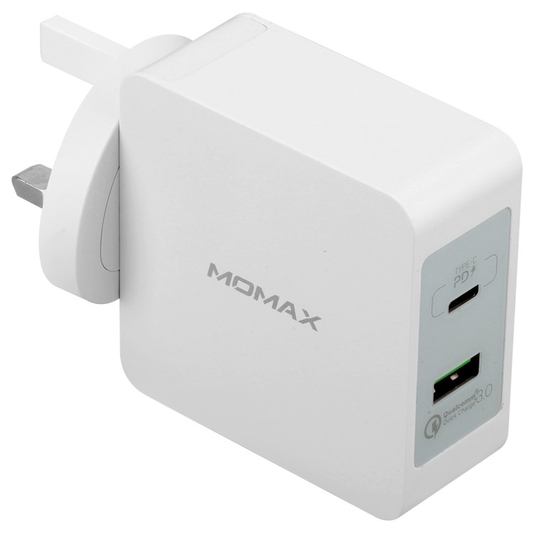 MOMAX Portable 48W PD Type-C + Quick Charge 3.0 USB Port Travel Wall Charger - UK Plug / White-5