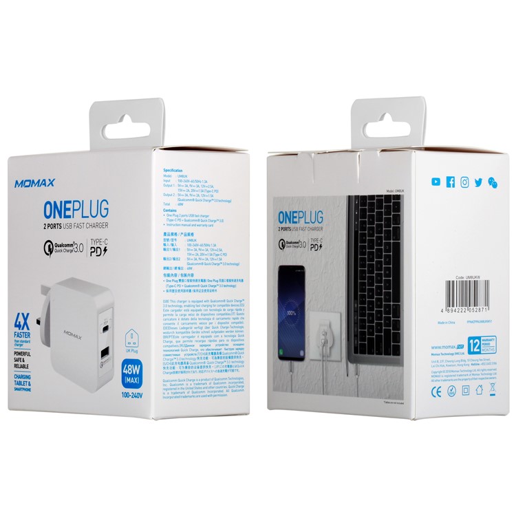 MOMAX Portable 48W PD Type-C + Quick Charge 3.0 USB Port Travel Wall Charger - UK Plug / White-9