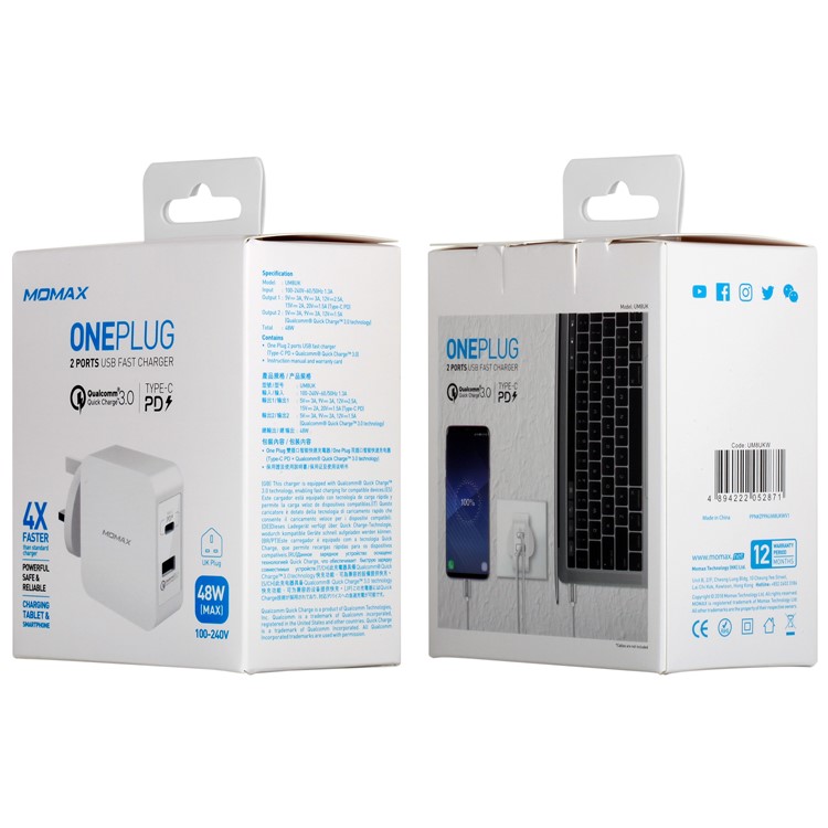 MOMAX Portable 48W PD Type-c + Chargeur Rapide 3.0 Chargeur de Mur de Voyage USB Port - Bouche Britannique / Blanche-9