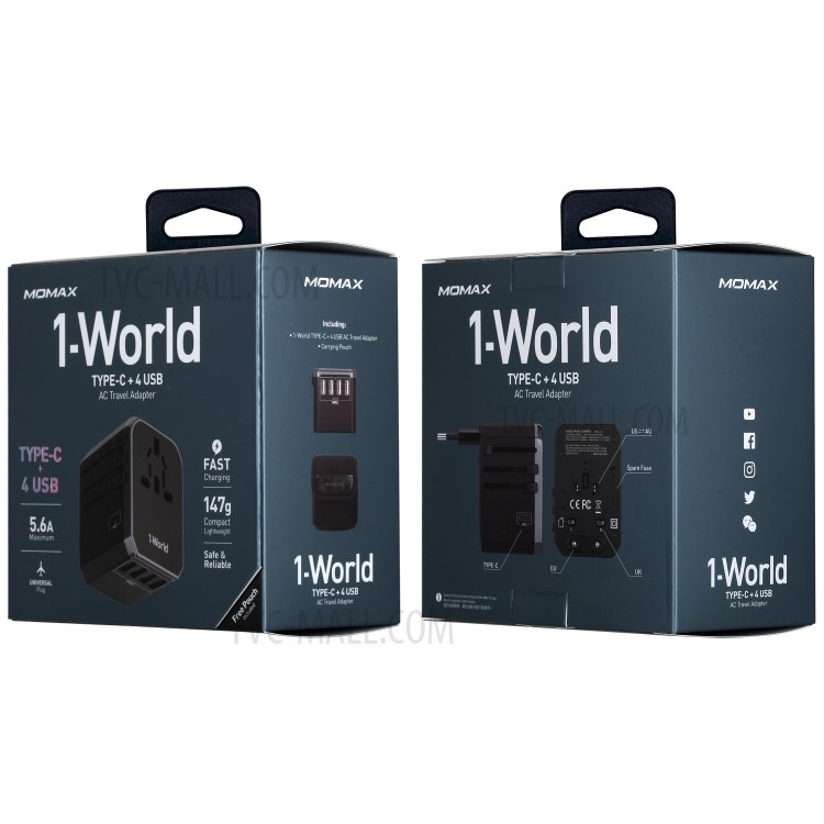 MOMAX 1-World 4 USB Ports + 1 Type-C Port Worldwide Travel Adapter Universal Travel Charger for iPhone X/8/8 Plus Etc. - Black-10