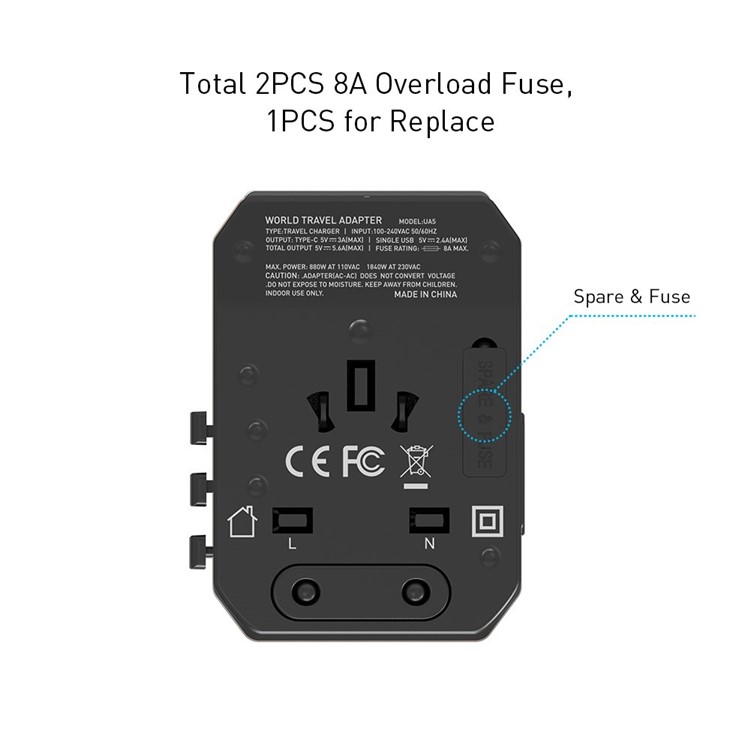 MOMAX 1-World 4 USB Ports + 1 Type-C Port Worldwide Travel Adapter Universal Travel Charger for iPhone X/8/8 Plus Etc. - Black-2
