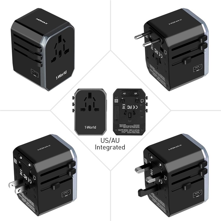 MOMAX 1-World 4 USB Ports + 1 Type-C Port Worldwide Travel Adapter Universal Travel Charger for iPhone X/8/8 Plus Etc. - Black-3