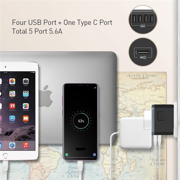 MOMAX 1-World 4 USB Ports + 1 Type-C Port Worldwide Travel Adapter Universal Travel Charger for iPhone X/8/8 Plus Etc. - Black-5