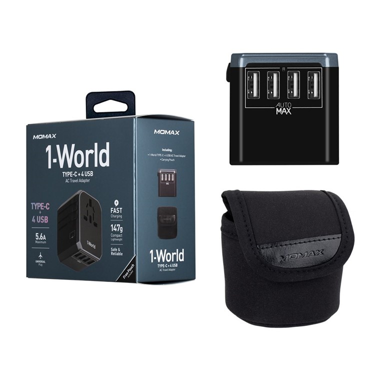 MOMAX 1-World 4 USB Ports + 1 Type-C Port Worldwide Travel Adapter Universal Travel Charger for iPhone X/8/8 Plus Etc. - Black-7