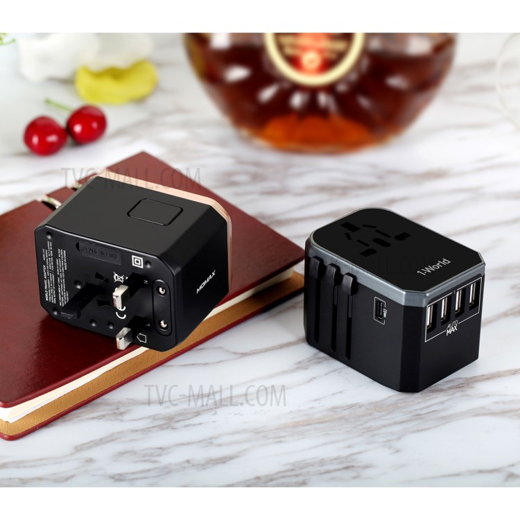 MOMAX 1-World 4 USB Ports + 1 Type-C Port Worldwide Travel Adapter Universal Travel Charger for iPhone X/8/8 Plus Etc. - Black-8