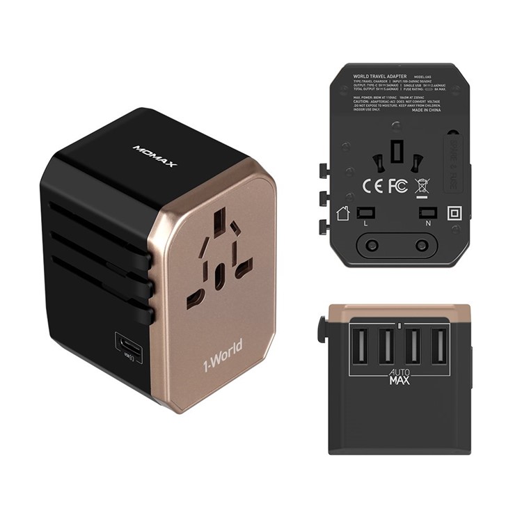MOMAX 1-World Portable 4 USB Ports + 1 Type-C Port Worldwide Travel Adapter Universal Travel Charger for iPhone X/8/8 Plus Etc. - Gold-1