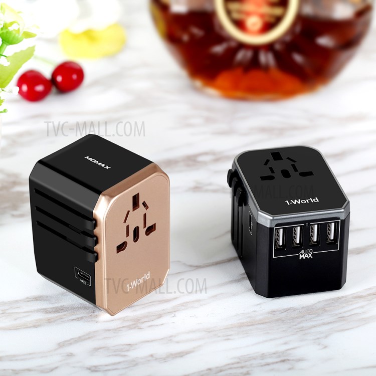 MOMAX 1-World Portable 4 USB Ports + 1 Type-C Port Worldwide Travel Adapter Universal Travel Charger for iPhone X/8/8 Plus Etc. - Gold-12