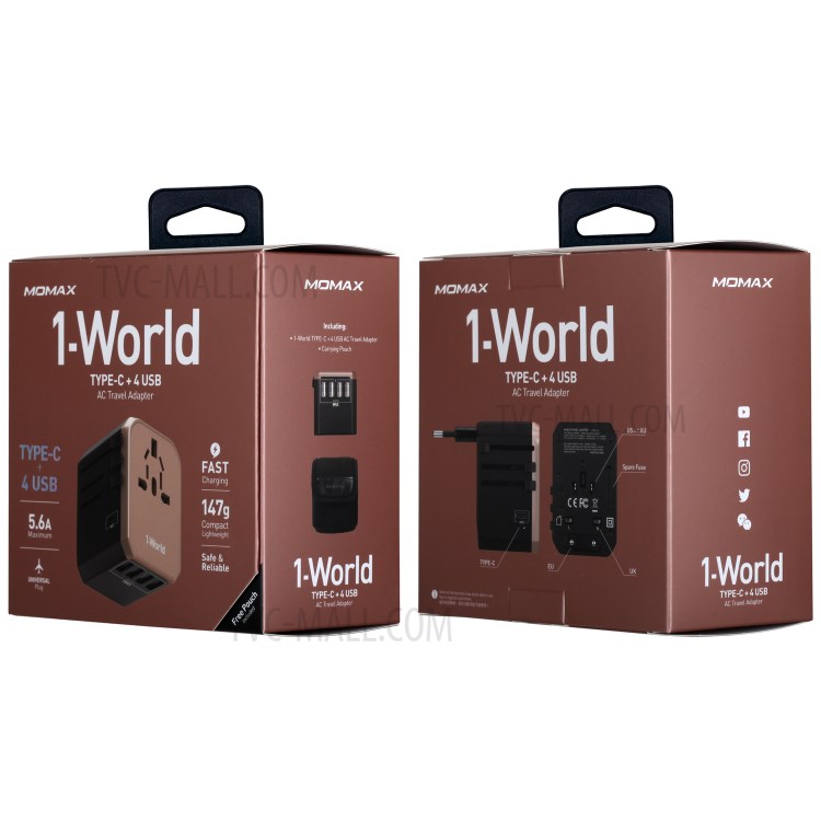 MOMAX 1-World Portable 4 USB Ports + 1 Type-C Port Worldwide Travel Adapter Universal Travel Charger for iPhone X/8/8 Plus Etc. - Gold-13
