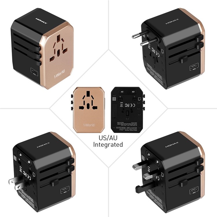 MOMAX 1-World Portable 4 USB Ports + 1 Type-C Port Worldwide Travel Adapter Universal Travel Charger for iPhone X/8/8 Plus Etc. - Gold-3