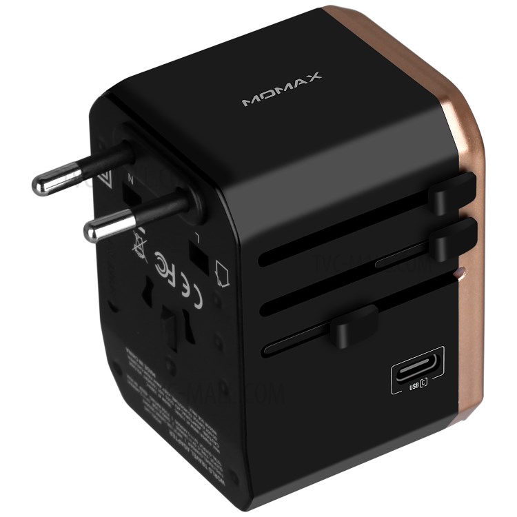MOMAX 1-World Portable 4 USB Ports + 1 Type-C Port Worldwide Travel Adapter Universal Travel Charger for iPhone X/8/8 Plus Etc. - Gold-9