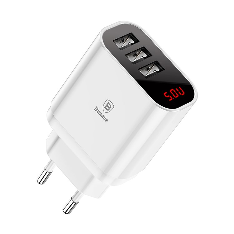 BASEUS Mirror Lake Intelligent Digital Display 3.4A 3-Port Travel Wall Charger for Apple Samsung Sony - EU Plug / White