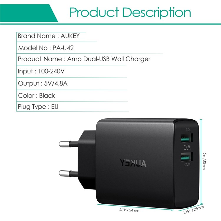 AUKEY PA-U42 Portable Dual USB 4.8A Wall Charger with AiPower Adaptive Charging Technology - EU Plug-7