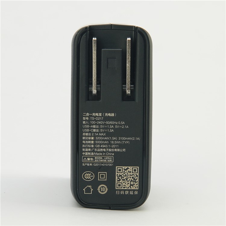 PISEN PowerCombo 2-in-1 Wall Charger + 5000mAh Power Bank with Dual USB and Type C Port - Black-14