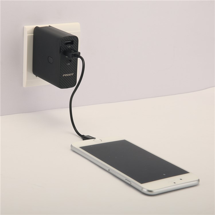 PISEN PowerCombo 2-in-1 Wall Charger + 5000mAh Power Bank with Dual USB and Type C Port - Black-16