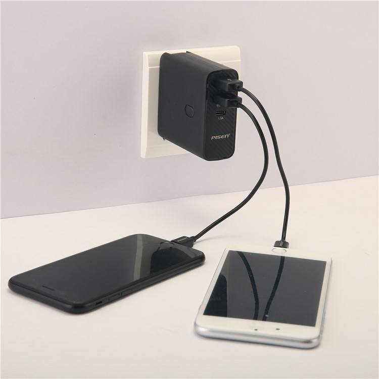 PISEN PowerCombo 2-in-1 Wall Charger + 5000mAh Power Bank with Dual USB and Type C Port - Black-17